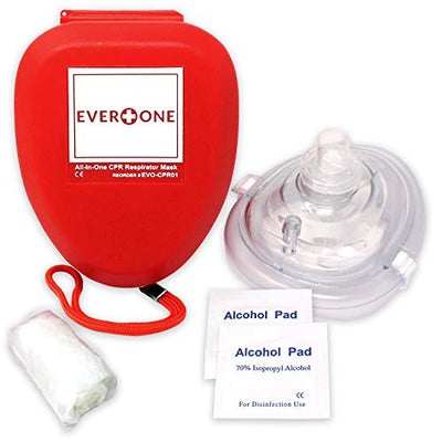 EverOne CPR Rescue Mask, Adult/Child Pocket Resuscitator, Hard Case with Wrist Strap + Gloves & Wipes