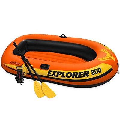 Intex Explorer 300 Compact 83 Inch Long 46 Inch Wide Inflatable Fishing 3 Person Raft Boat with High Output Pump and 2 French Oars