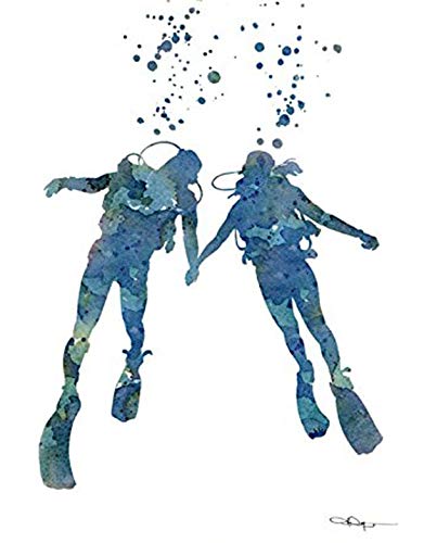 Scuba Divers Abstract Watercolor Art Print By Artist David J Rogers.