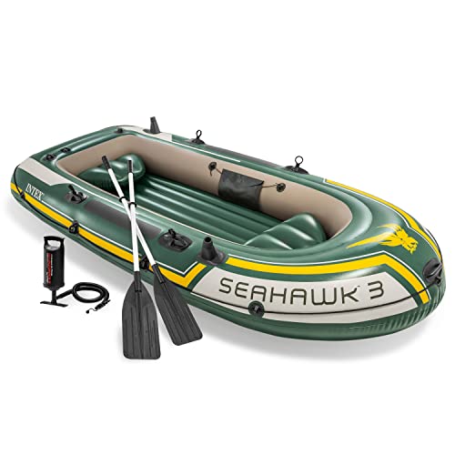 Intex Seahawk 3 Person Heavy Duty Inflatable Rafting and Fishing Boat Set w/ 2 Aluminum Oars, High Output Air Pump, and Carry Bag, 790 Pound Capacity