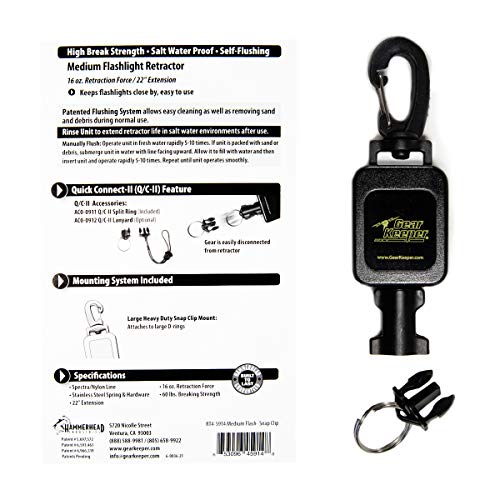 Gear Keeper Hammerhead Industries RT4-5914 Medium Mount Scuba Flashlight Retractor | 1pk Scuba Retractable Clip | Scuba Diving Accessories | Swiveling Snap Clip with Q/C-II Split Ring Accessory