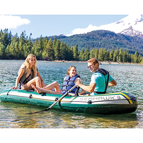 Intex Seahawk 3 Person Heavy Duty Inflatable Rafting and Fishing Boat Set w/ 2 Aluminum Oars, High Output Air Pump, and Carry Bag, 790 Pound Capacity