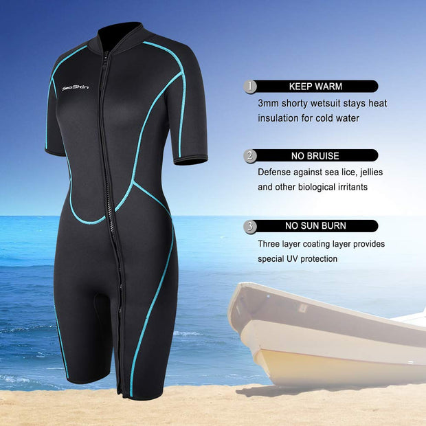 Womens 3mm Shorty Wetsuit, Premium Neoprene Front Zip Short Sleeve Diving Wetsuit Snorkeling Surfing (Women Black, L)