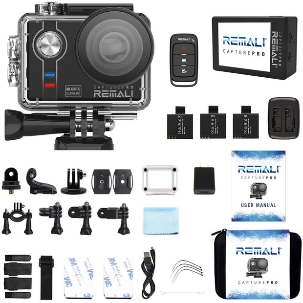 REMALI CapturePro 4K/60fps 20MP Waterproof Sports Action Camera Kit with Carrying Case + 3 Batteries, WiFi, 2" Touch Screen, 8X Zoom, Slow/Fast Motion, Remote/Voice Control, EIS, Distortion Correction