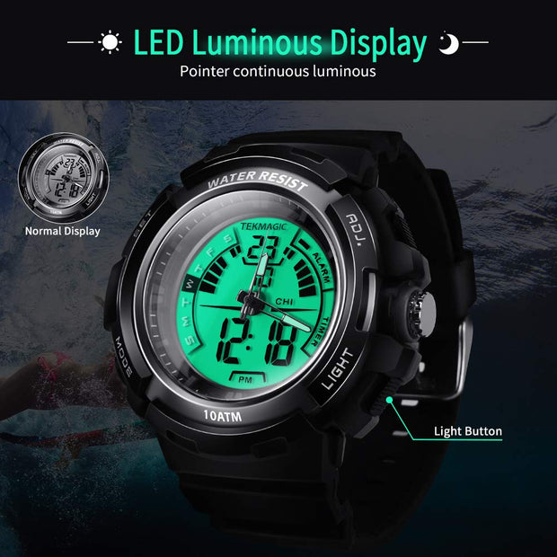 WISEUP 10 ATM Waterproof Scuba Sports Diving Watch for Men Women Kids with Timer, Alarm and LED Flashlight, 12/24 Hour Format Selectable