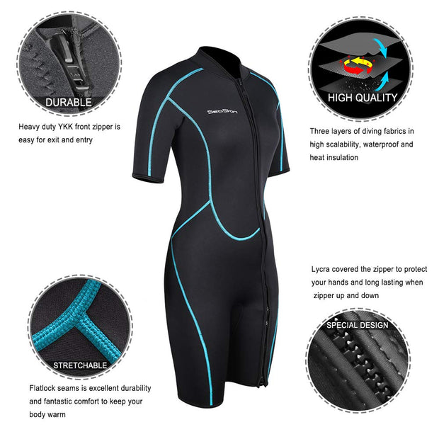 Womens 3mm Shorty Wetsuit, Premium Neoprene Front Zip Short Sleeve Diving Wetsuit Snorkeling Surfing (Women Black, L)