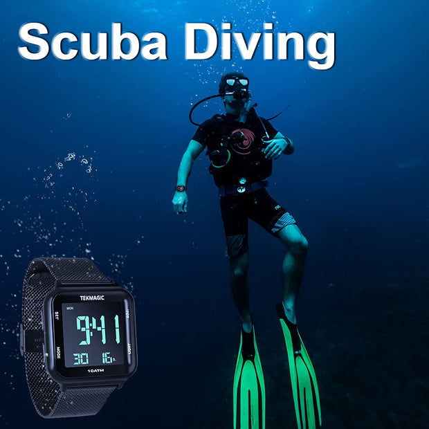 TEKMAGIC 10 ATM Digital Swim Watch Scuba Dive Watch with with Stainless Steel Strap, Chronograph, Timer Countdown, Alarm, Calendar, Stopwatch, and Dual Time Zone Display Functions