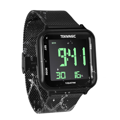 TEKMAGIC 10 ATM Digital Swim Watch Scuba Dive Watch with with Stainless Steel Strap, Chronograph, Timer Countdown, Alarm, Calendar, Stopwatch, and Dual Time Zone Display Functions