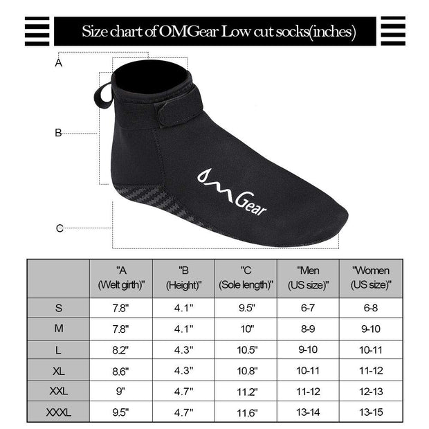 OMGear Neoprene Socks Booties(Low-Cut) for Snorkeling Surfing Diving Spearfishing All Watersports ＆Beach Activities (Black, M(Men 8-9,Women 9-10))