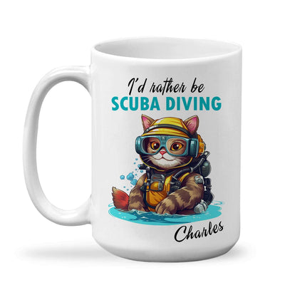 Personalized Scuba Diving Cat Mug - I'd Rather Be Scuba Diving! Custom Name Teacup - Cute Cat Scuba Diving Design - Funny Birthday Gift for Kids - Ideal for Cat Lovers and Young Explorers