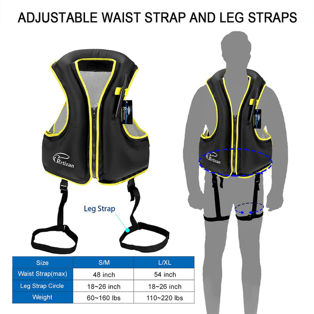 Rrtizan Swim Vest for Adults, Buoyancy Aid Swim Jackets - Portable Inflatable Snorkel Vest for Swimming, Snorkeling, Kayaking, Paddle Boating and Other Low Impact Water Sports Safety(Black, S-M)