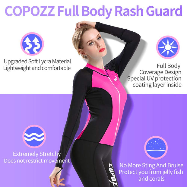 COPOZZ Diving Skin, Men Women Youth Thin Wetsuit Rash Guard- Full Body UV Protection - for Diving Snorkeling Surfing Spearfishing Sport Skin (Black/Hot Pink, Large-Tall for Women)