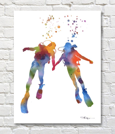 Scuba Divers Abstract Watercolor Art Print By Artist DJ Rogers