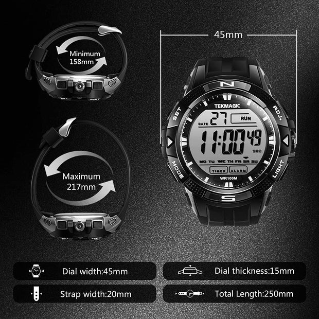 TEKMAGIC 10 ATM Digital Submersible Unisex adult Diving Watch 100m Water Resistant Swimming Sport Wristwatch Luminous LCD Screen with Stopwatch Alarm Function