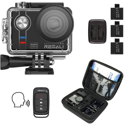REMALI CapturePro 4K/60fps 20MP Waterproof Sports Action Camera Kit with Carrying Case + 3 Batteries, WiFi, 2" Touch Screen, 8X Zoom, Slow/Fast Motion, Remote/Voice Control, EIS, Distortion Correction
