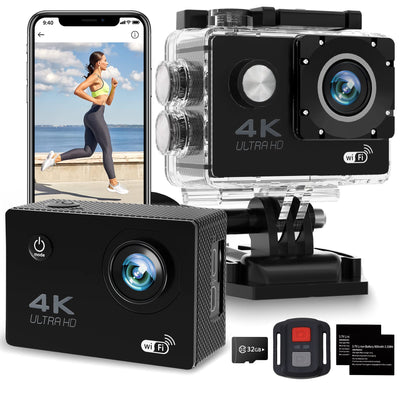 Hivvtui Action Camera 4K30FPS Ultra HD Waterproof Camera,98FT 30M Underwater Cameras and Remote Control 170° Wide Angle Video Recording Sports Cameras with 32G SD Card & 2 Batteries Accessories Kit