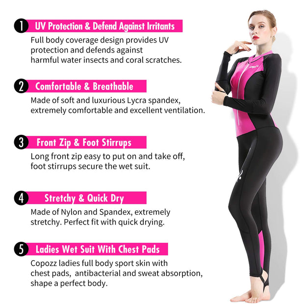 COPOZZ Diving Skin, Men Women Youth Thin Wetsuit Rash Guard- Full Body UV Protection - for Diving Snorkeling Surfing Spearfishing Sport Skin (Black/Hot Pink, Large-Tall for Women)