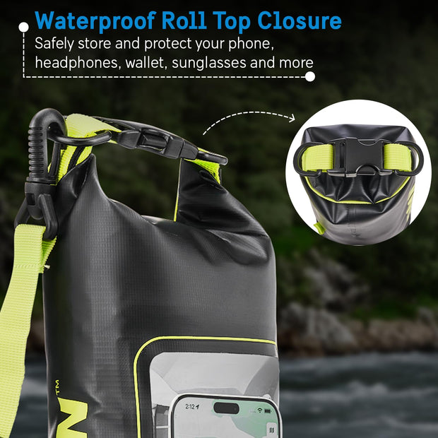 Pelican Marine IP68 Waterproof Dry Bag 2L - Roll Top Waterproof Backpack w/ Phone Case/Pouch - Boating & Kayak Accessories - Essentials for Camping Swimming Beach Fishing Rafting Travel - Black/Yellow