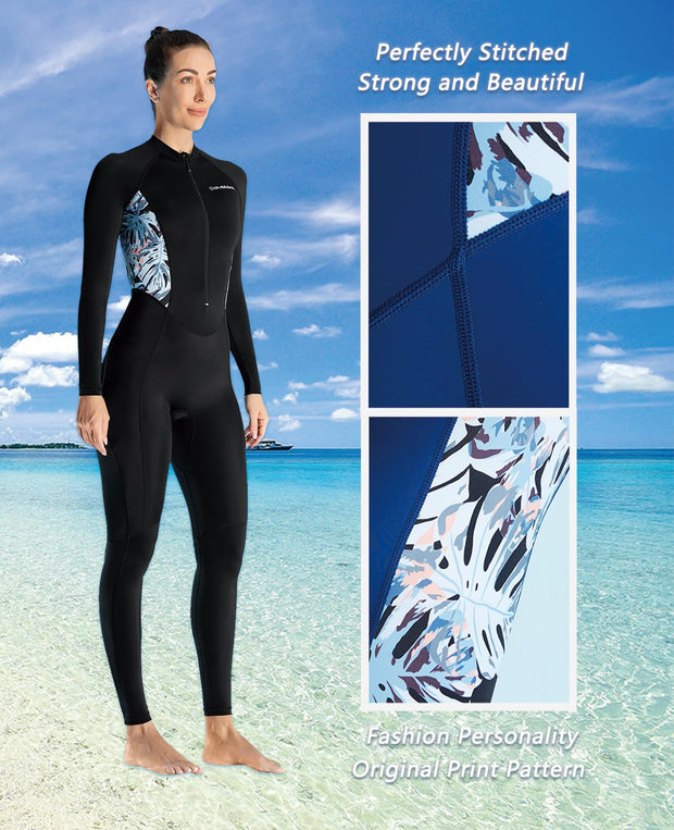 Skyone Diving Skins for Women Men, Thin Wetsuits Swimsuit Full Body Rash Guard, UV Protection Long Sleeve Wet Suit Dive Skin, One Piece Quick Dry Scuba Skin for Surfing (Women Black, Large)