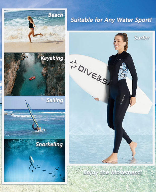 Skyone Diving Skins for Women Men, Thin Wetsuits Swimsuit Full Body Rash Guard, UV Protection Long Sleeve Wet Suit Dive Skin, One Piece Quick Dry Scuba Skin for Surfing (Women Black, Large)