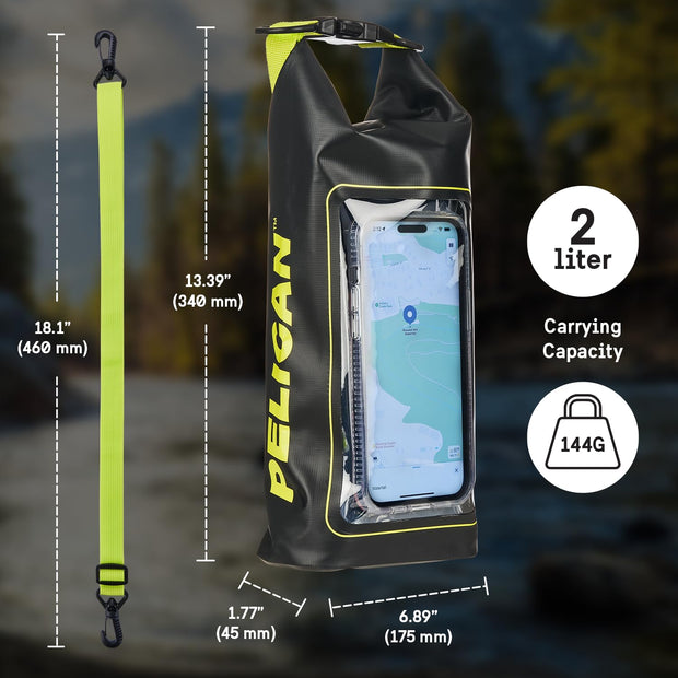 Pelican Marine IP68 Waterproof Dry Bag 2L - Roll Top Waterproof Backpack w/ Phone Case/Pouch - Boating & Kayak Accessories - Essentials for Camping Swimming Beach Fishing Rafting Travel - Black/Yellow