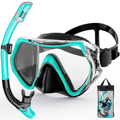 Snorkeling Gear for Adults, ZIPOUTE PRO Snorkel Mask Adult Snorkel Set, Anti-Fog Scuba Diving Mask Panoramic View Scuba Gear, Tempered Glass Snorkel Goggles Swim Masks for Adults (Black Green)