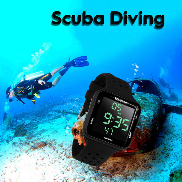 TEKMAGIC 100m Water Resistant Scuba Diving Watch with Stopwatch, Alarm Clock Functions, Dual Time Display, 12/24 Hour Format