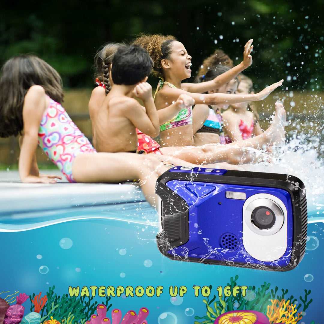 Ushining Kindercamera, waterdichte digitale camera met 12 MP, 1080p HD-video, selfie-functie, onderwatercamera voor kinderen met 2,0 inch scherm, 32 GB SD-kaart, blauw