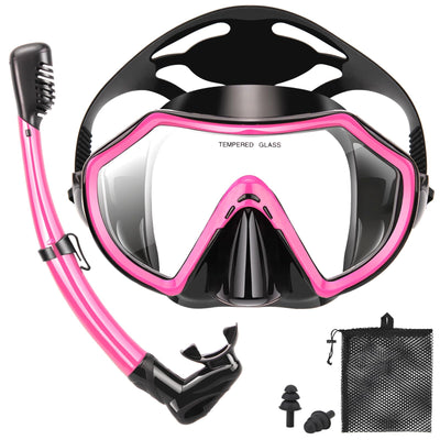 PIYAZI Snorkeling Gear for Adults, Dry Adult Snorkel Set HD Panoramic View Snorkel Mask Set, Anti-Leak and Anti-Fog Scuba Diving Package with Mesh Bag Ear Plug for Snorkeling Scuba Diving Travel