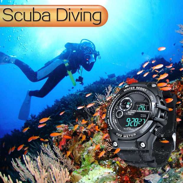 100m Underwater Scuba Diving Watch for Mens Boys with Stopwatch, Chronograph, Alarm Functions, Dual Time Zone, 12/24 Hours Format