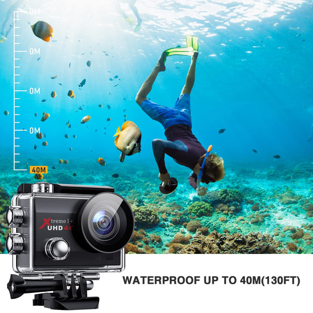 Action Camera 4K,20MP 40M Underwater Waterproof Camera,2.0'' LCD Screen WiFi 170° Wide Angle EIS Sports Cam with External Microphone Remote Control 2x1050mAh Batteries and Helmet Accessories Kit