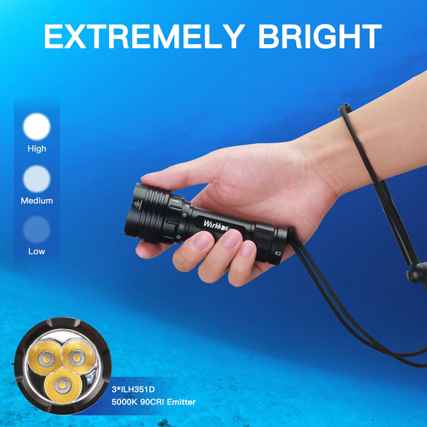 Wurkkos DL30 Dive Light Scuba Diving - Dive Flashlight Super Bright Max 3600 Lumen with 5000K 90CRI 100m Underwater Flashlight for Diving IPX-8 Waterproof Submersible Flashlight with USB Charger