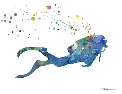 Scuba Diver Abstract Watercolor Art Print By Artist DJ Rogers