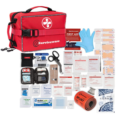 Surviveware Comprehensive Premium First Aid Kit Emergency Medical Kit for Trucks, Cars, Camping, Office and Sports and Outdoor Emergencies - Large 200 Piece Set Red