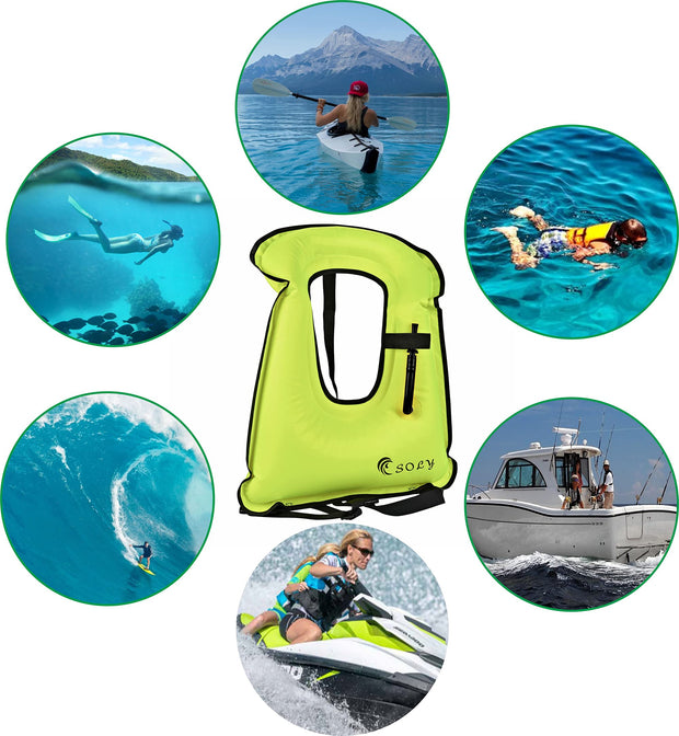 SOLY Inflatable Snorkel Vest Adult, Snorkeling Vest Adjustable Light Snorkeling Jackets for Diving Low Impact Water Sports Safety for 66-220 lbs (Green Adult)