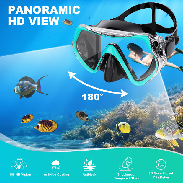 Snorkeling Gear for Adults, ZIPOUTE PRO Snorkel Mask Adult Snorkel Set, Anti-Fog Scuba Diving Mask Panoramic View Scuba Gear, Tempered Glass Snorkel Goggles Swim Masks for Adults (Black Green)