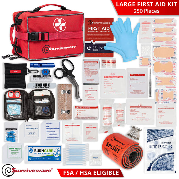 Surviveware Comprehensive Premium First Aid Kit Emergency Medical Kit for Trucks, Cars, Camping, Office and Sports and Outdoor Emergencies - Large 200 Piece Set Red