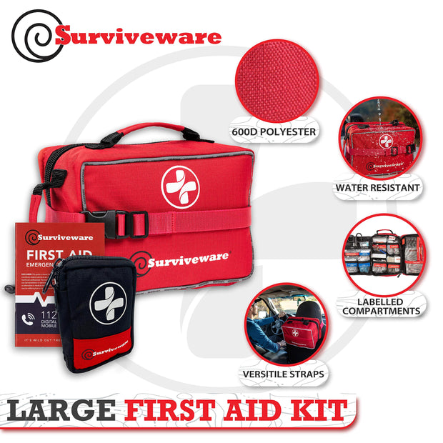 Surviveware Comprehensive Premium First Aid Kit Emergency Medical Kit for Trucks, Cars, Camping, Office and Sports and Outdoor Emergencies - Large 200 Piece Set Red